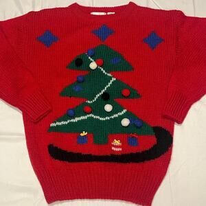 Vintage 90s Christmas Tree Sweater with Bow Details on Presents Size M